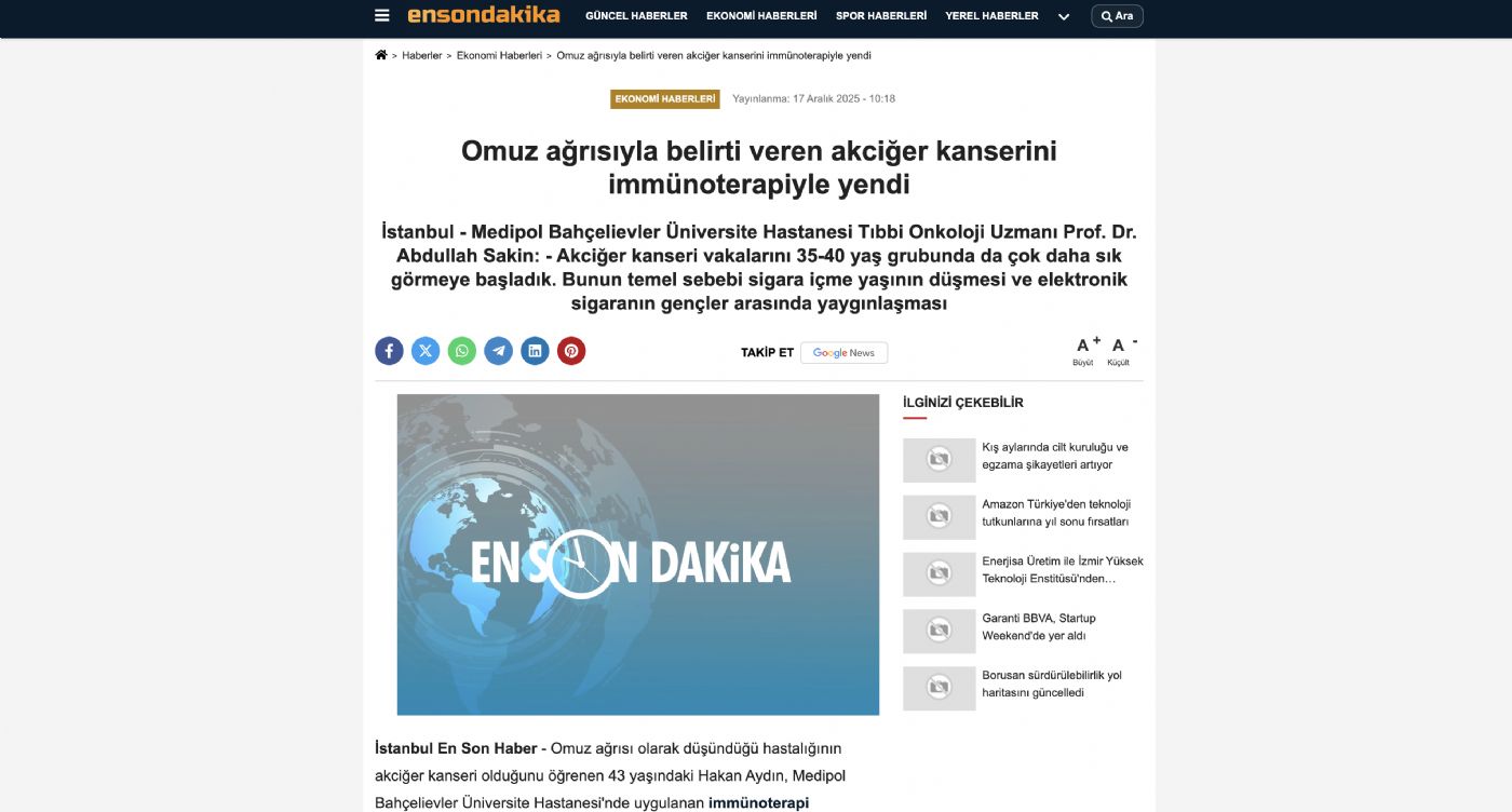 Omuz ağrısıyla belirti veren akciğer kanserini immünoterapiyle yendi