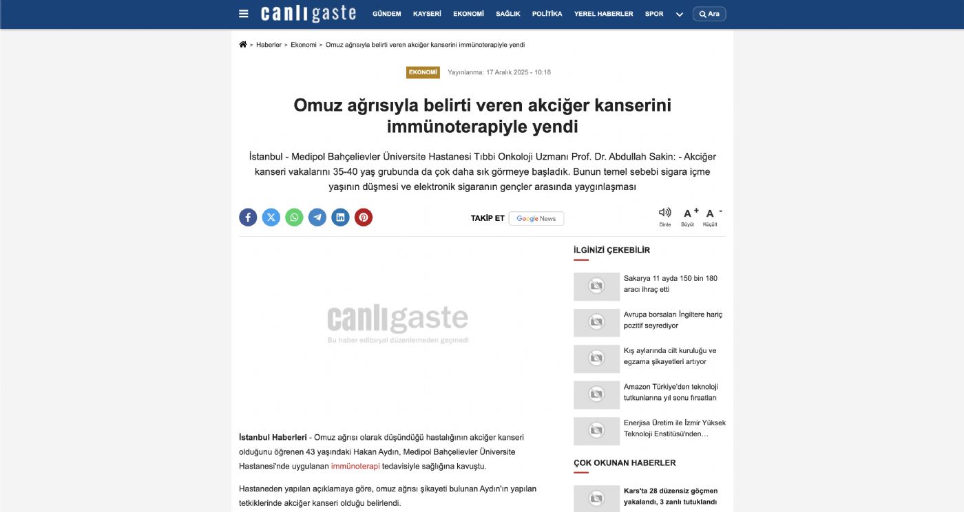 muz ağrısıyla belirti veren akciğer kanserini immünoterapiyle yendi
