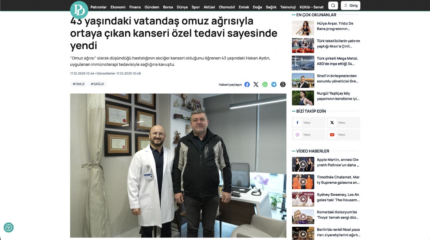 43 yaşındaki vatandaş omuz ağrısıyla ortaya çıkan kanseri özel tedavi sayesinde yendi