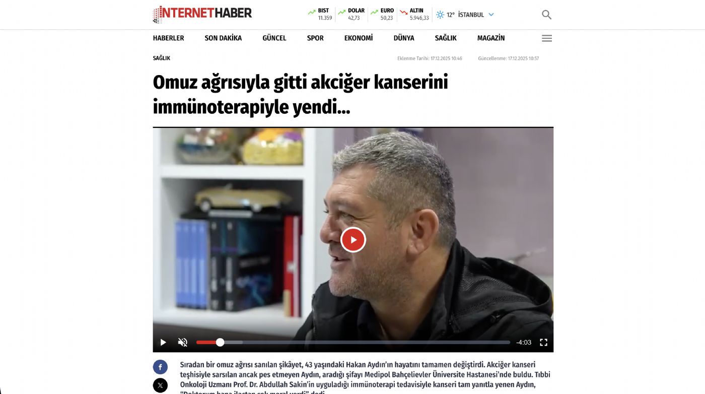 Omuz ağrısıyla gitti akciğer kanserini immünoterapiyle yendi...