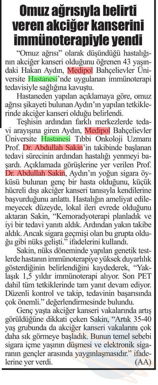 Omuz Ağrısıyla Başvurdu, Akciğer Kanserini İmmünoterapiyle Yendi