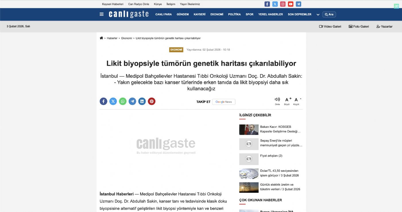 Likit biyopsiyle tümörün genetik haritası çıkarılabiliyor