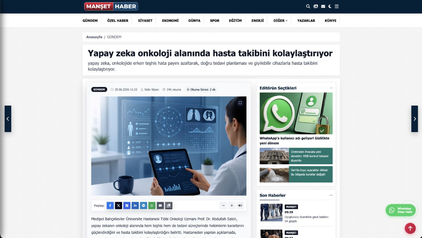 Yapay zeka onkoloji alanında hasta takibini kolaylaştırıyor - Manşet Haber