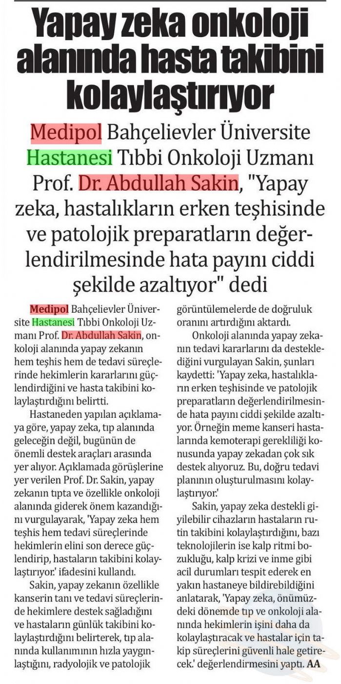 Yapay zekâ onkoloji alanında hasta takibini kolaylaştırıyor