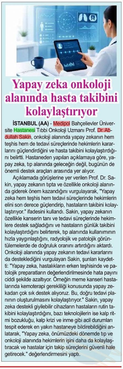 Yapay zekâ onkolojide hasta takibini kolaylaştırıyor
